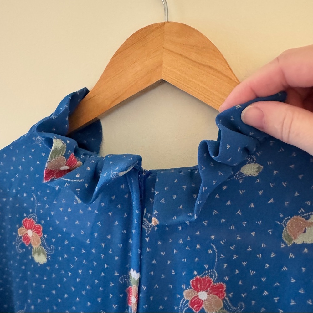 Vintage Tall Girl Prairie Midi Dress Blue Floral Ruffle Collar Size 12 Tall - Picture 9 of 16